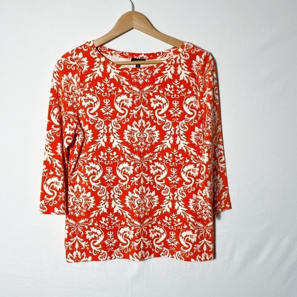 Talbots Sz. M red and white Damask print 3/4 sleeve top | cotton blend, stretch - Picture 1 of 9